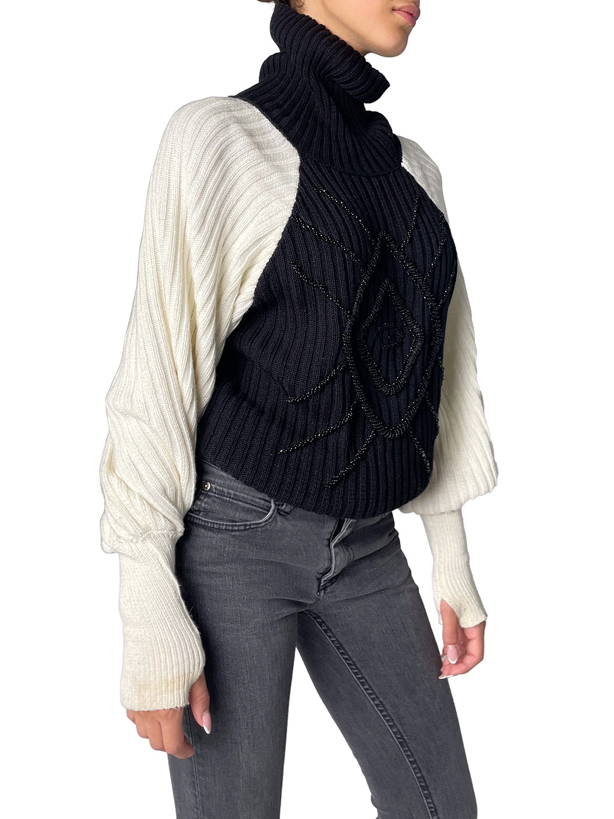 Black & White Knitted Turtle Neck Sweater With Black Beading 