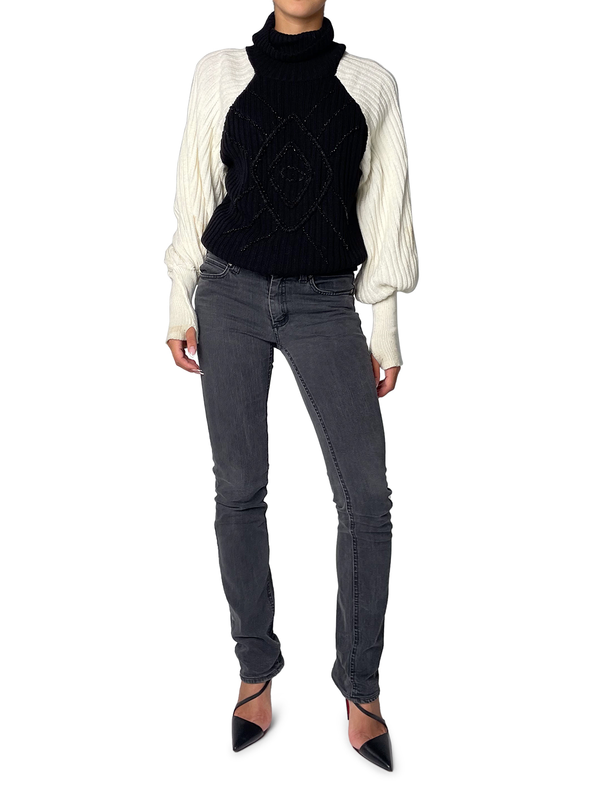 Black & White Knitted Turtle Neck Sweater With Black Beading 