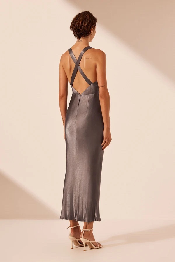 la lune plunged cross back midi dress - graphite
