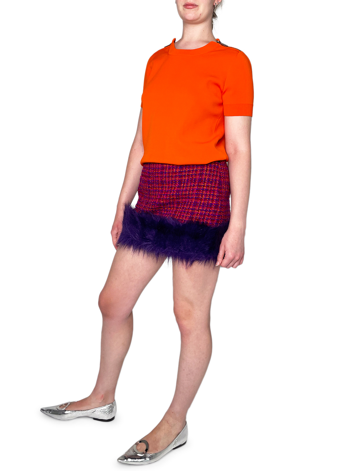 Red/Purple/Pink Tweed Mini Skirt With Purple Faux Fur Trim