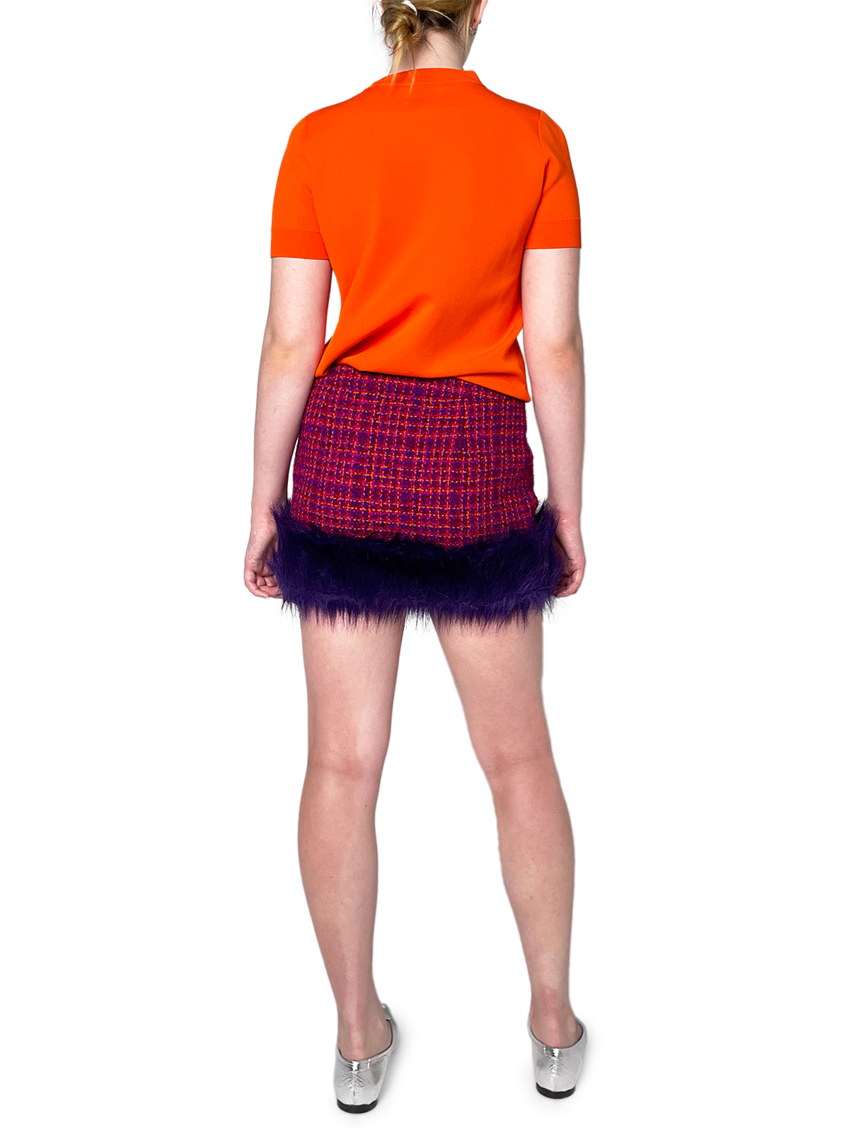 Red/Purple/Pink Tweed Mini Skirt With Purple Faux Fur Trim