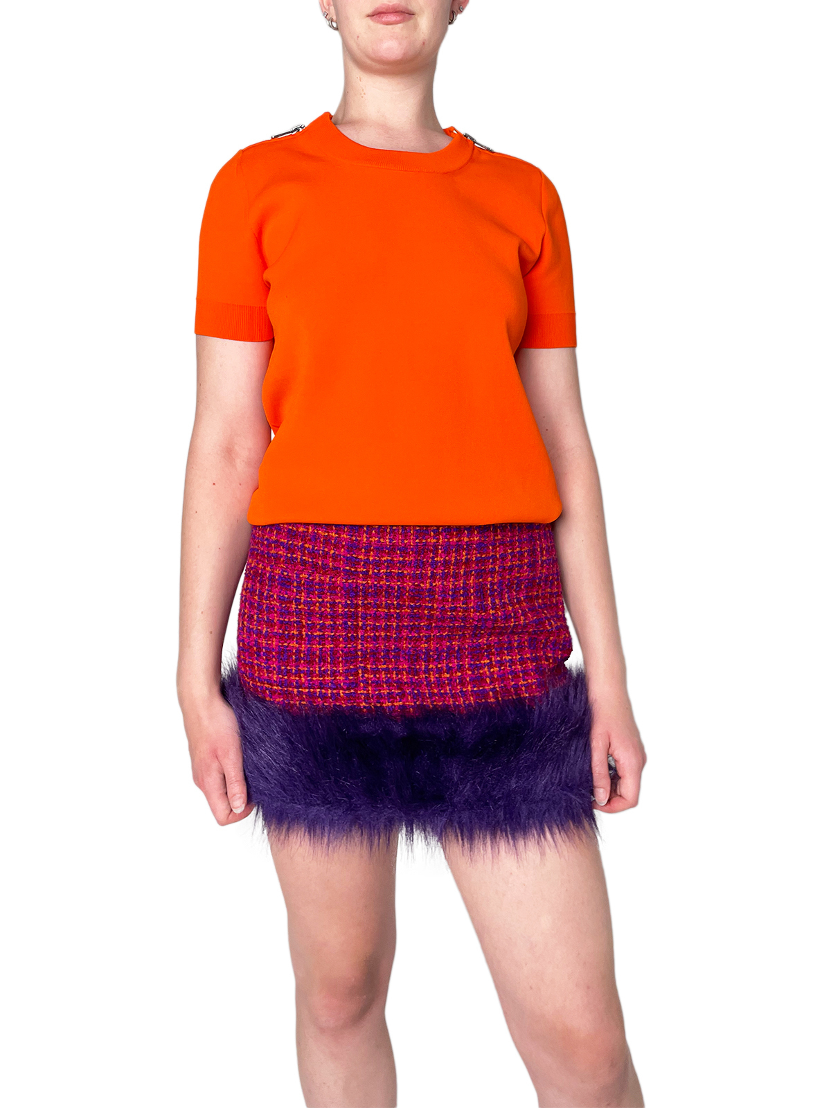 Red/Purple/Pink Tweed Mini Skirt With Purple Faux Fur Trim