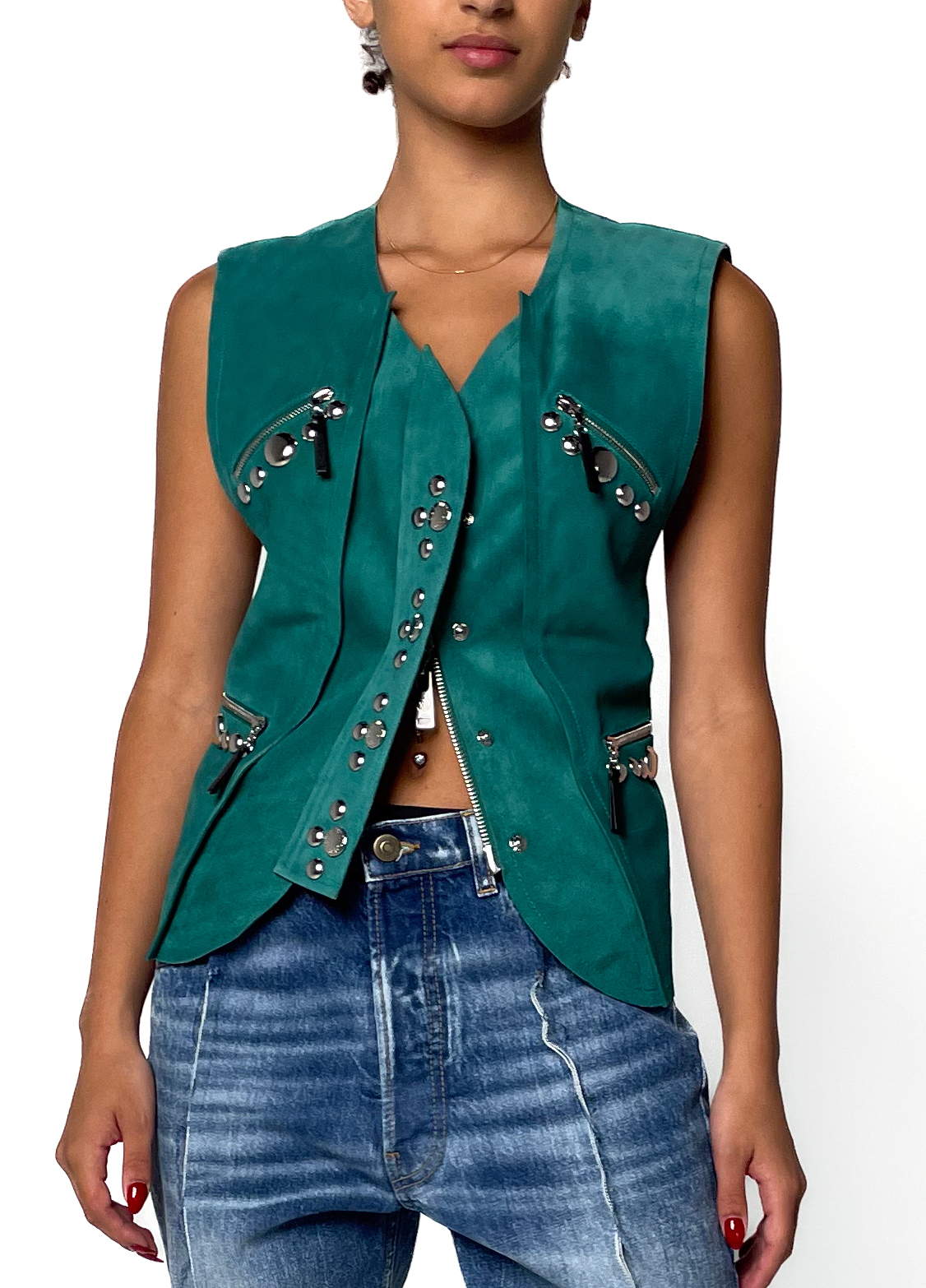 Green Suede Waistcoat With Silver Stud Details