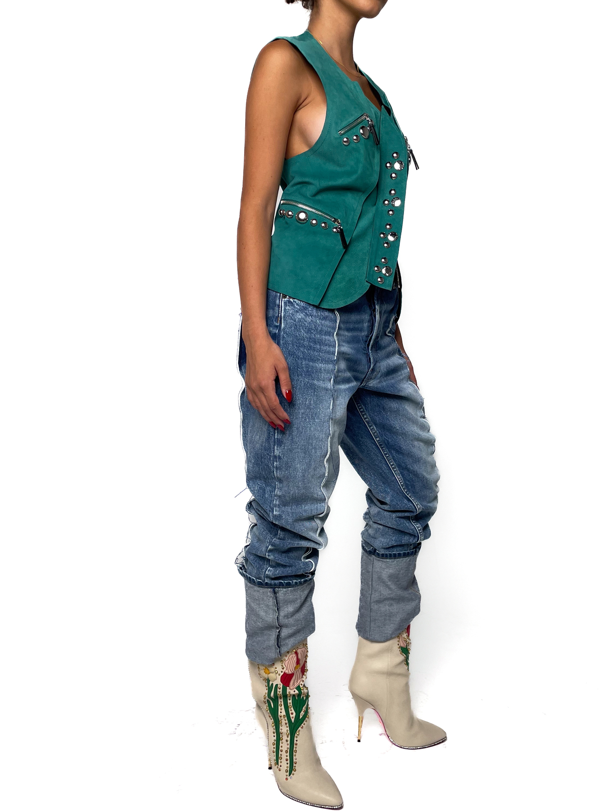 Green Suede Waistcoat With Silver Stud Details