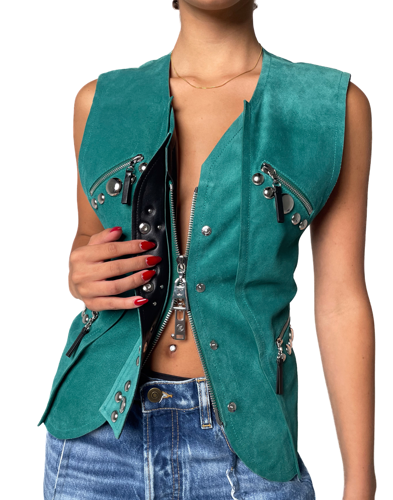 Green Suede Waistcoat With Silver Stud Details