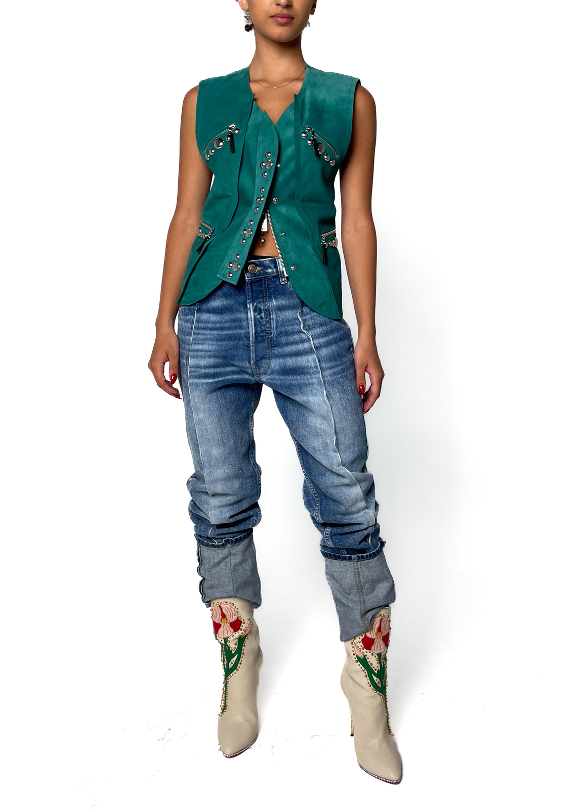 Green Suede Waistcoat With Silver Stud Details