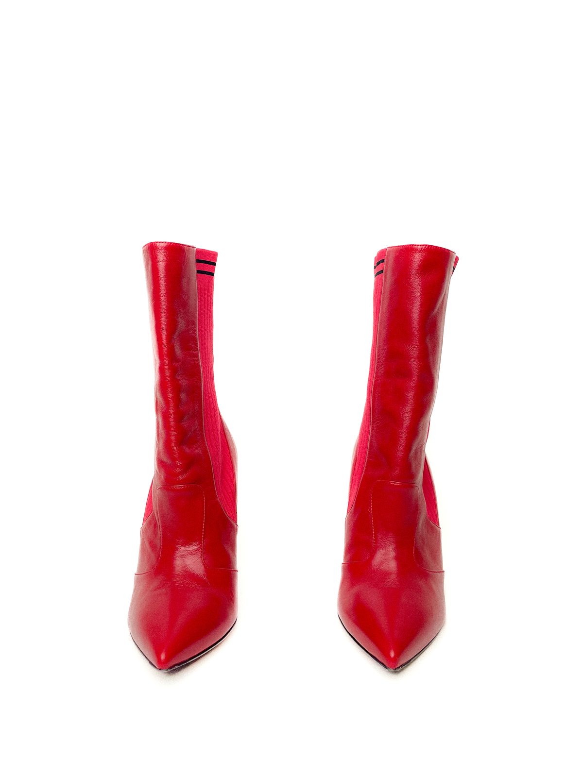 Red Leather And Knit Rockoko Ankle High Heel Boots
