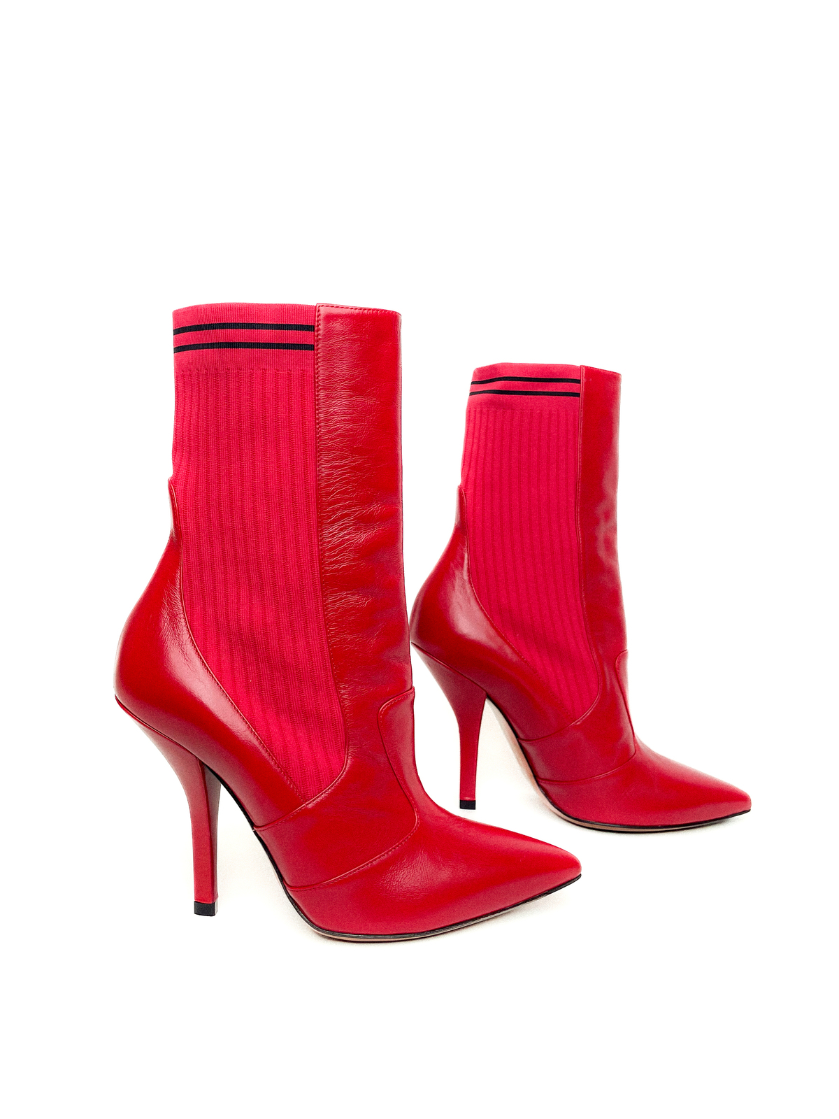 Red Leather And Knit Rockoko Ankle High Heel Boots