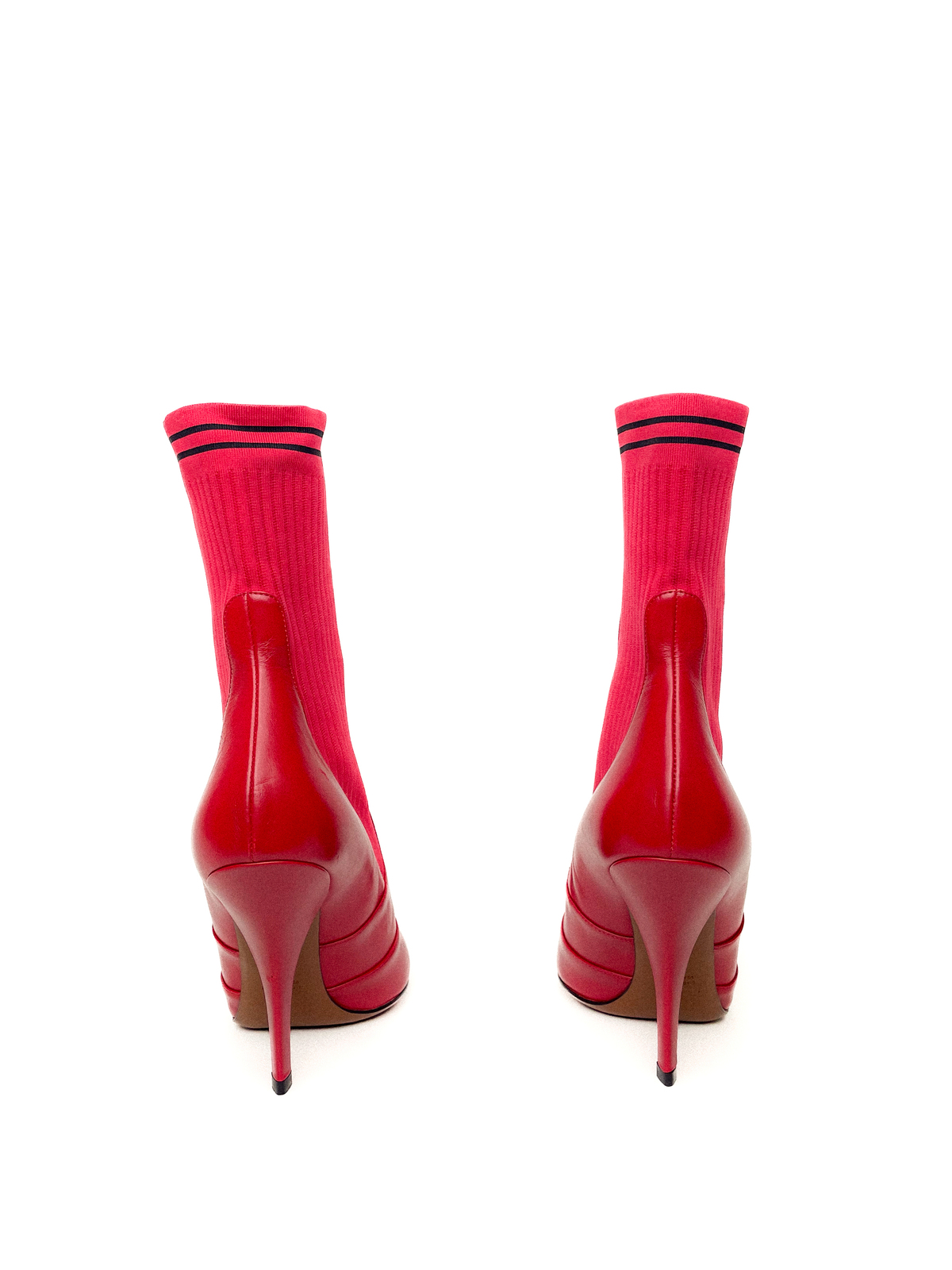 Red Leather And Knit Rockoko Ankle High Heel Boots