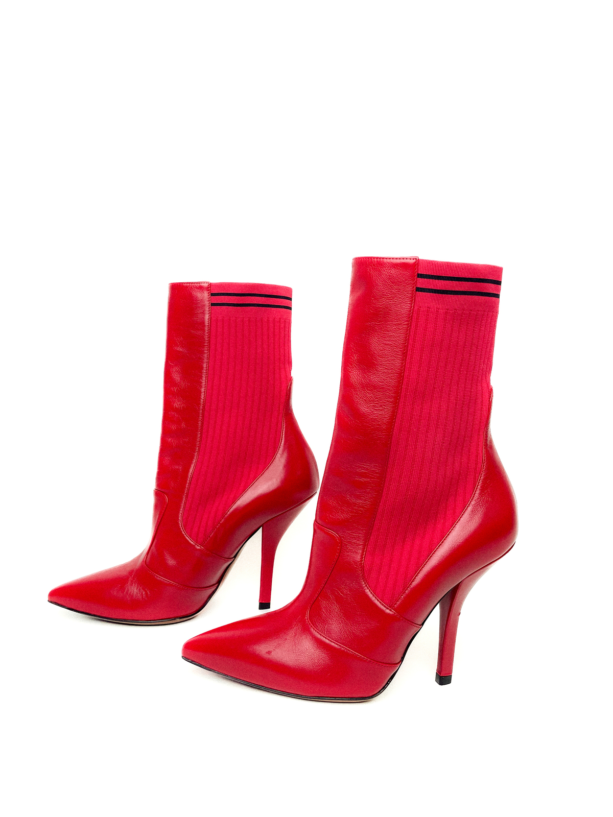 Red Leather And Knit Rockoko Ankle High Heel Boots