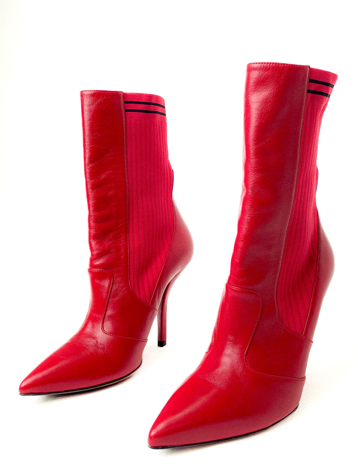 Red Leather And Knit Rockoko Ankle High Heel Boots