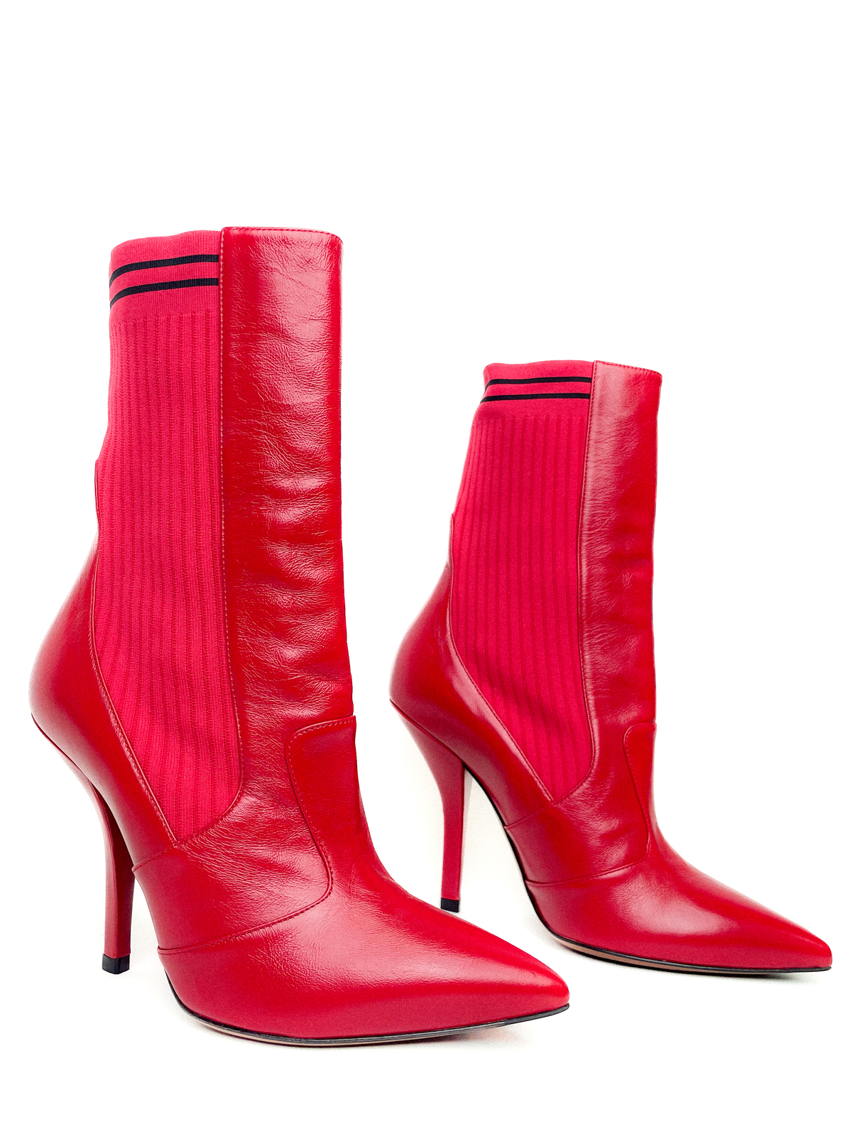 Red Leather And Knit Rockoko Ankle High Heel Boots