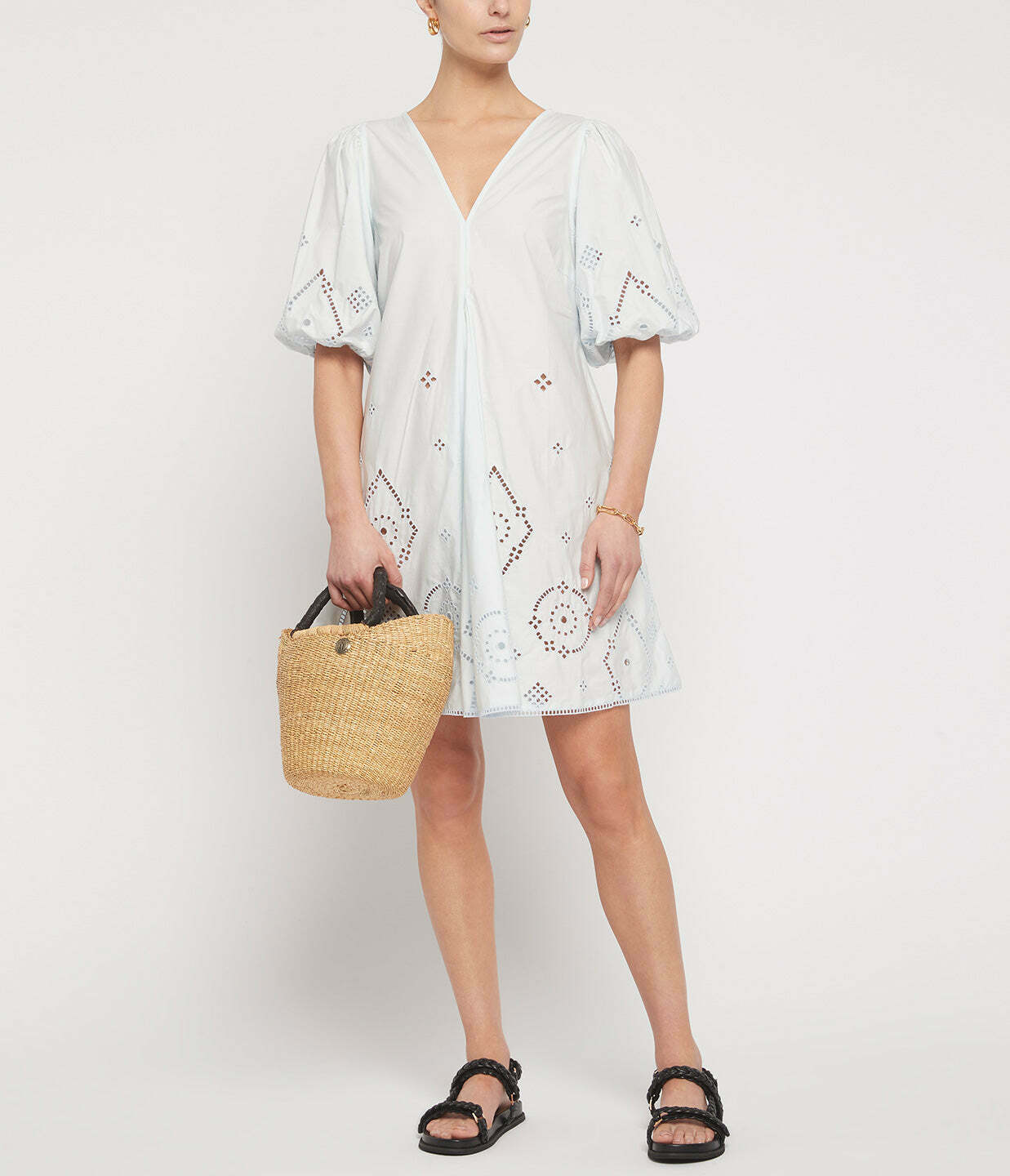 Broderie Anglaise Puff Sleeve Mini Dress in Illusion Blue