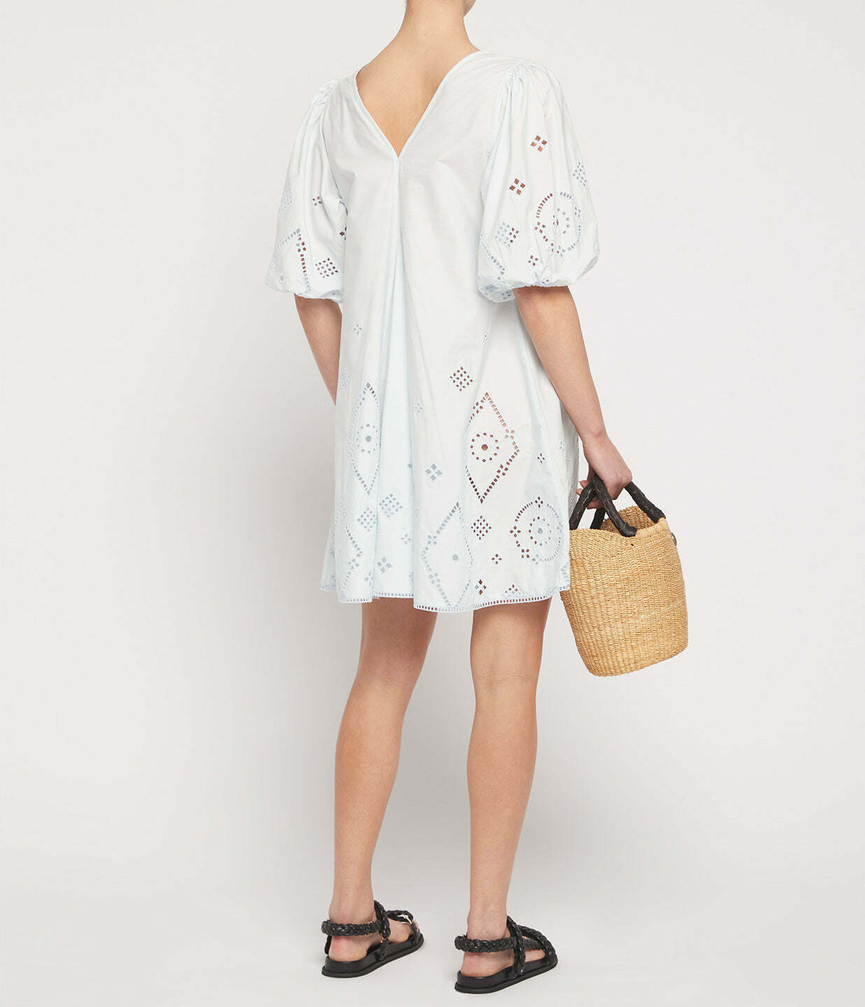 Broderie Anglaise Puff Sleeve Mini Dress in Illusion Blue