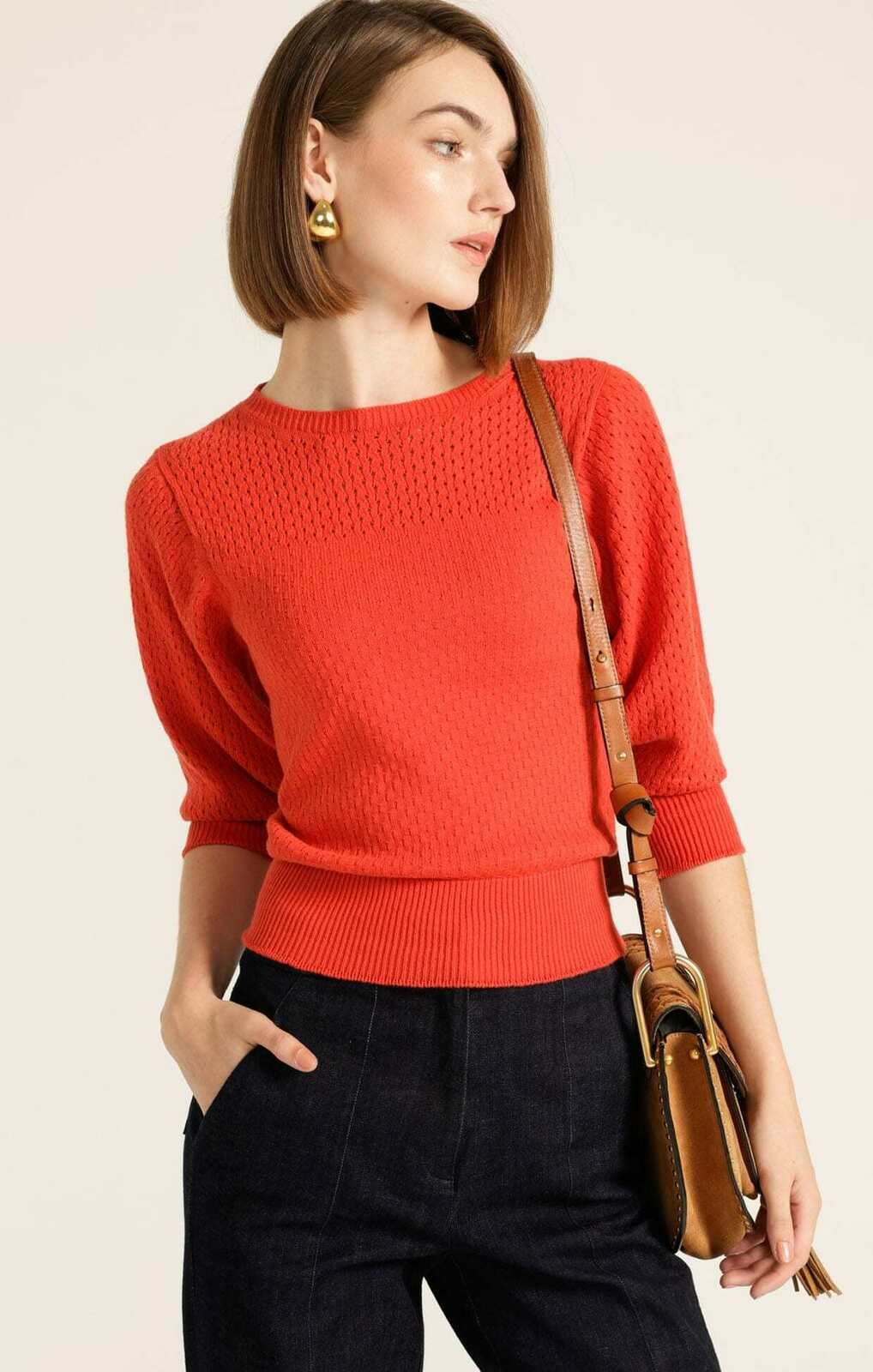 3/4 SLEEVE RIPPLE KNIT TOP IN BURNT ORANGE