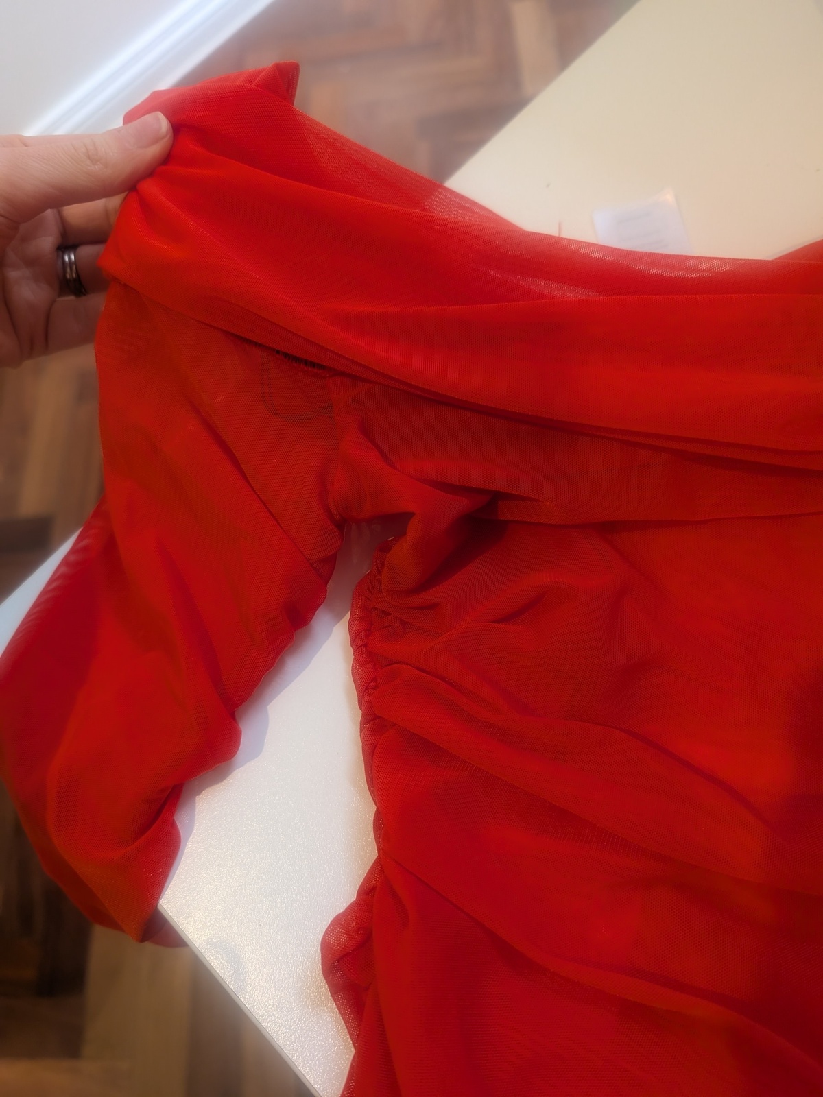 Red off the shoulder top - long sleeve, dressy, mesh 