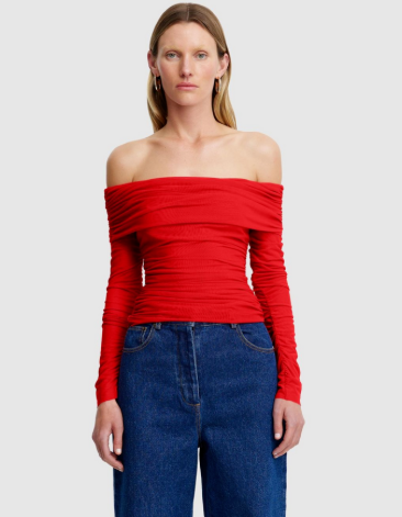 Red off the shoulder top - long sleeve, dressy, mesh 