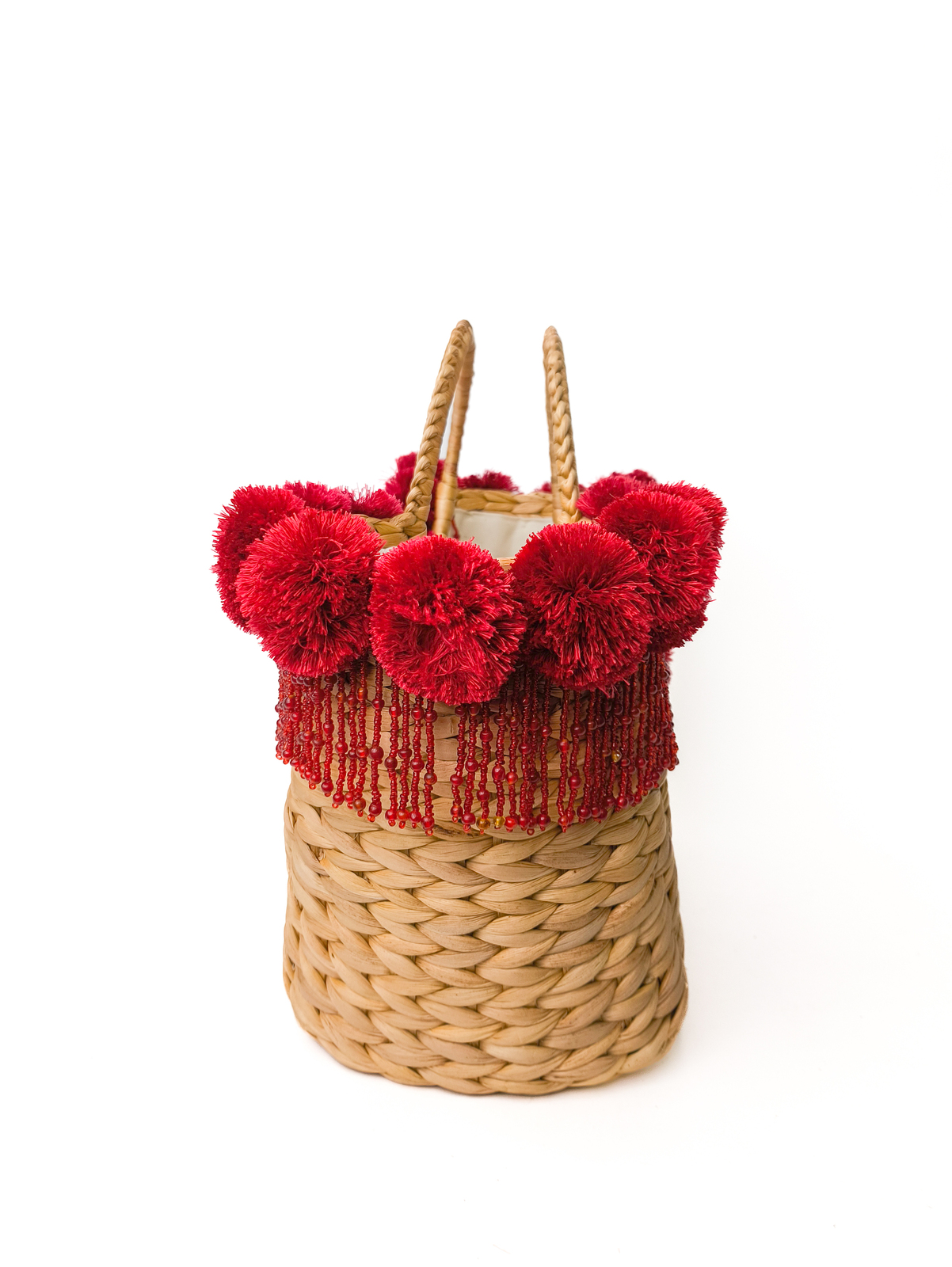 Woven bag with red beading and details