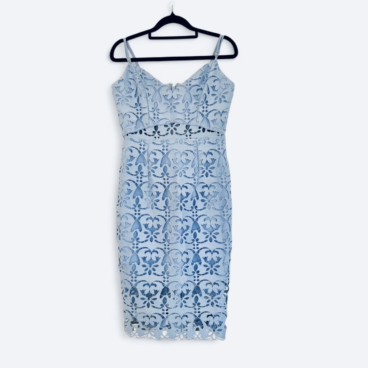 Size 38 (AU 10) baby blue lace midi dress with cut-out detail