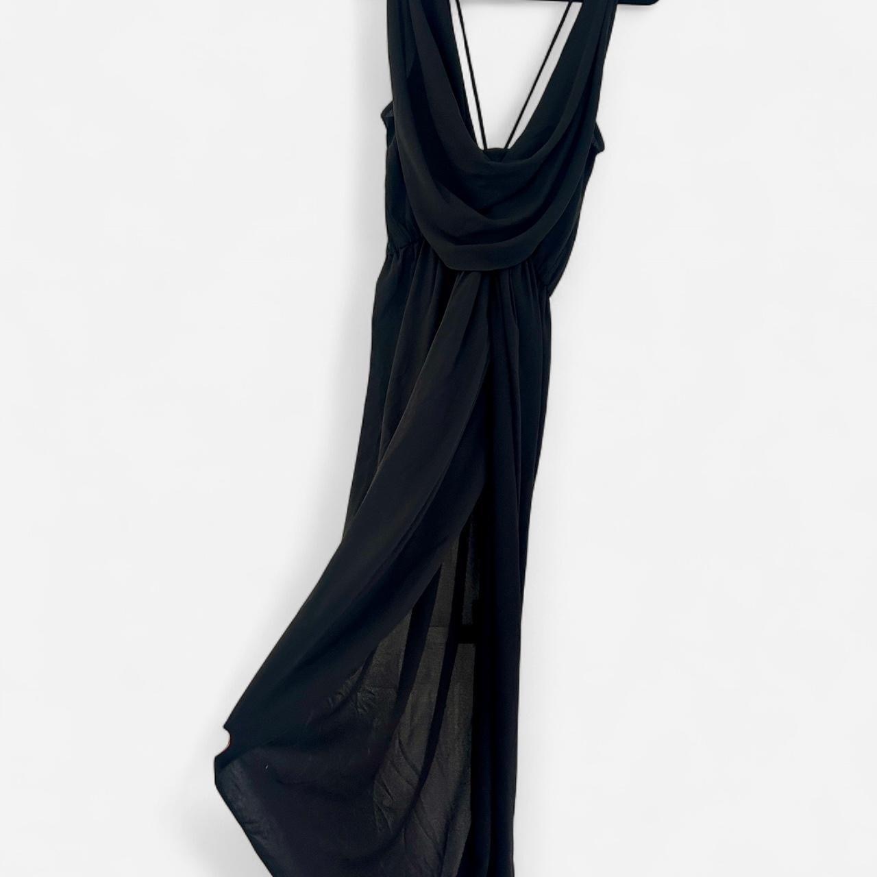 Size 8 black cowl neck dress with front split. 