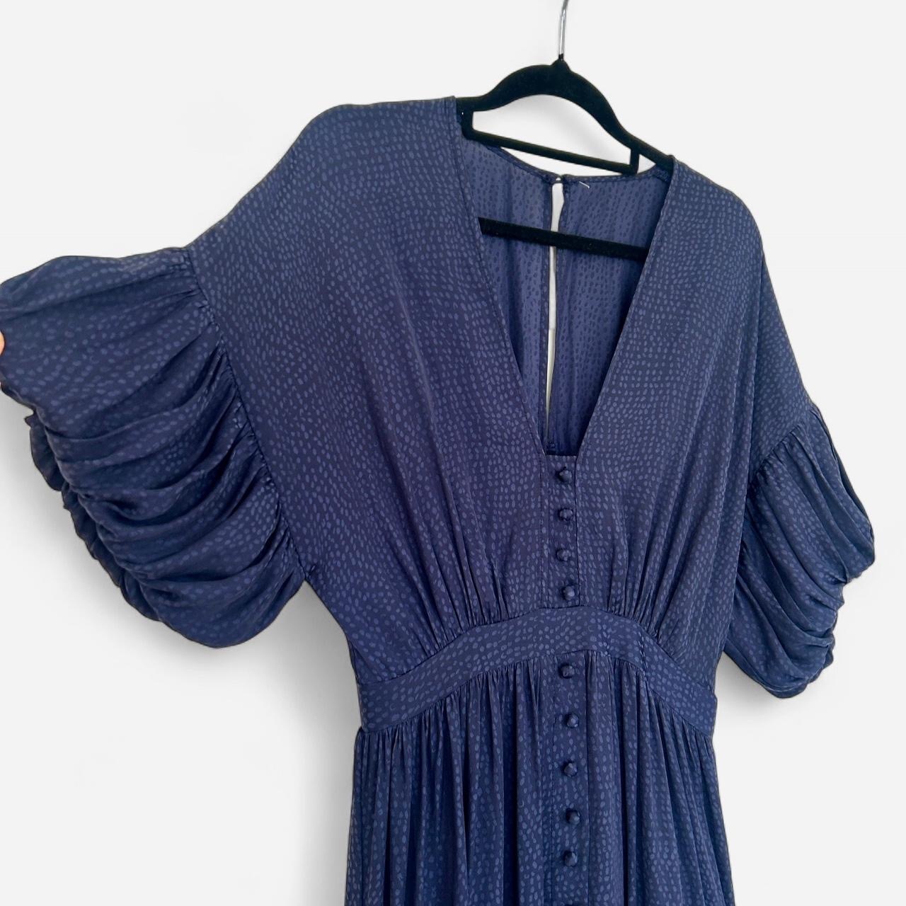 Size 8 navy blue  with puffed sleeves and button up front.