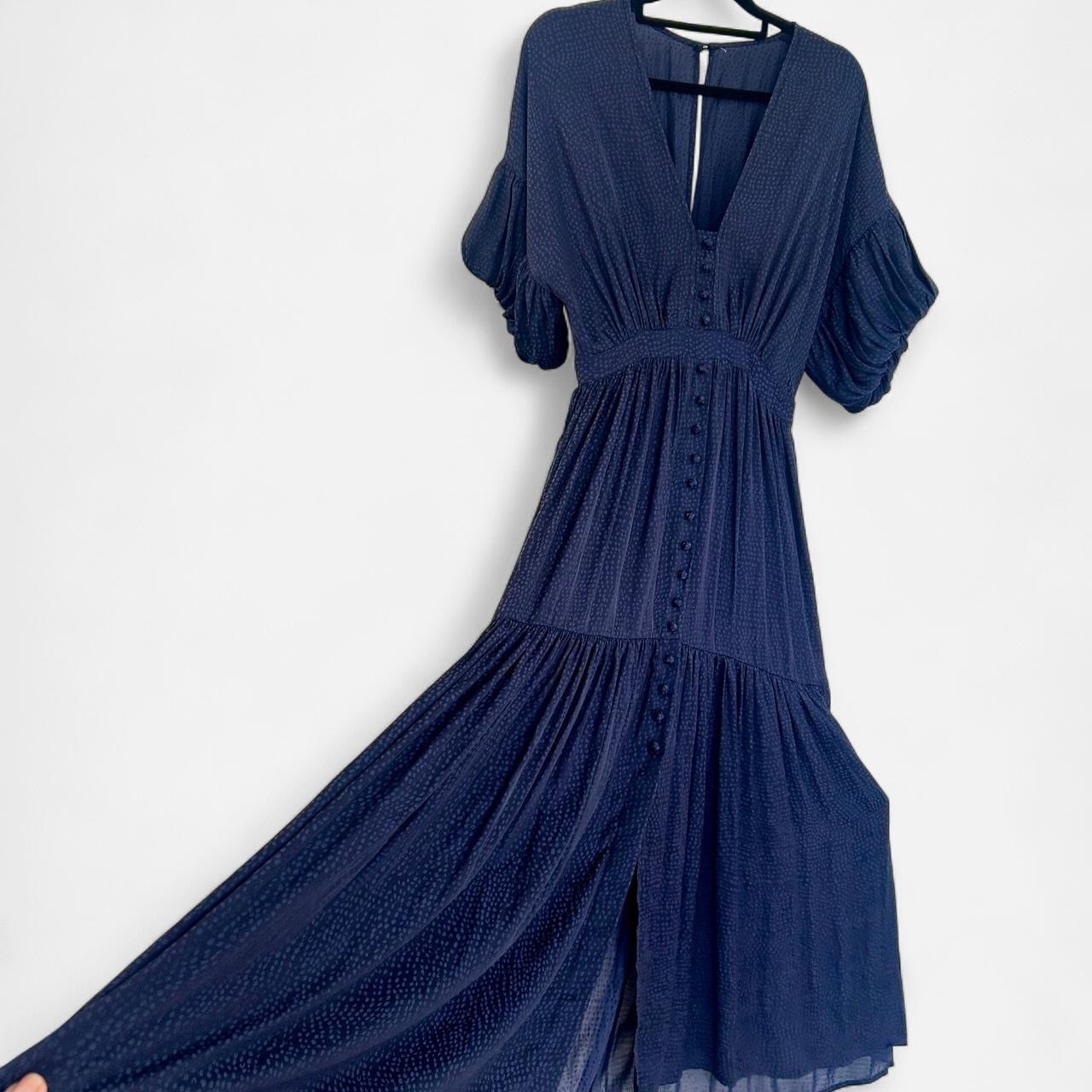 Size 8 navy blue  with puffed sleeves and button up front.