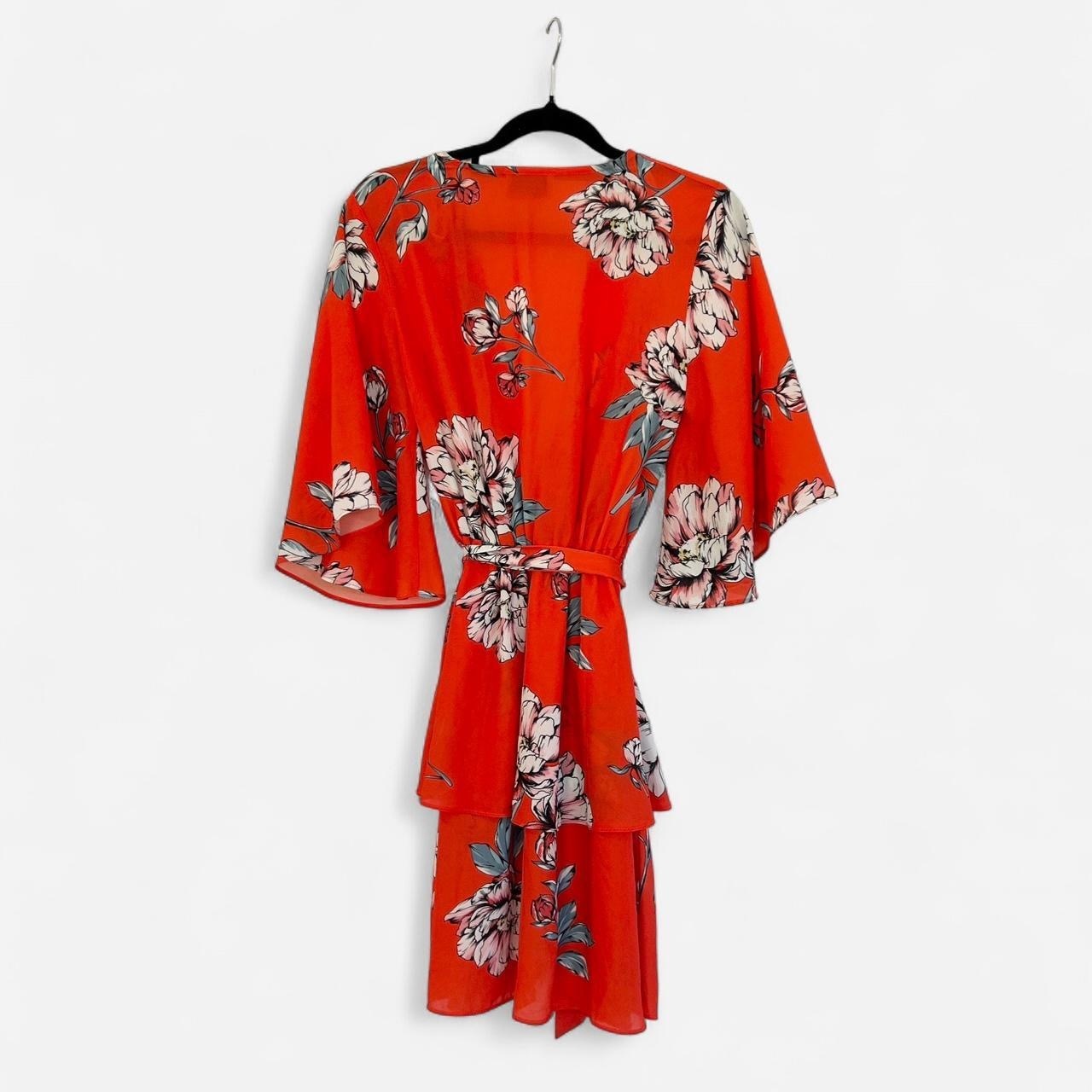 Size 6 Red Orange floral print with wrap neckline and tie waist