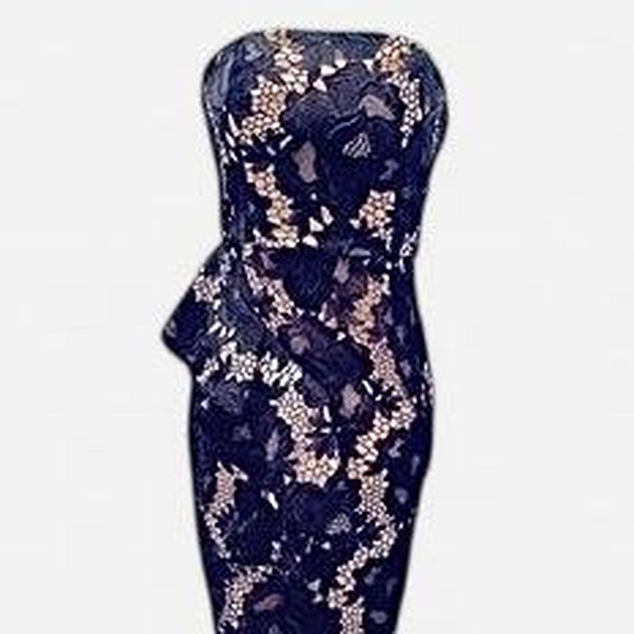 Size 10 black floral lace strapless with front slit and peplum.