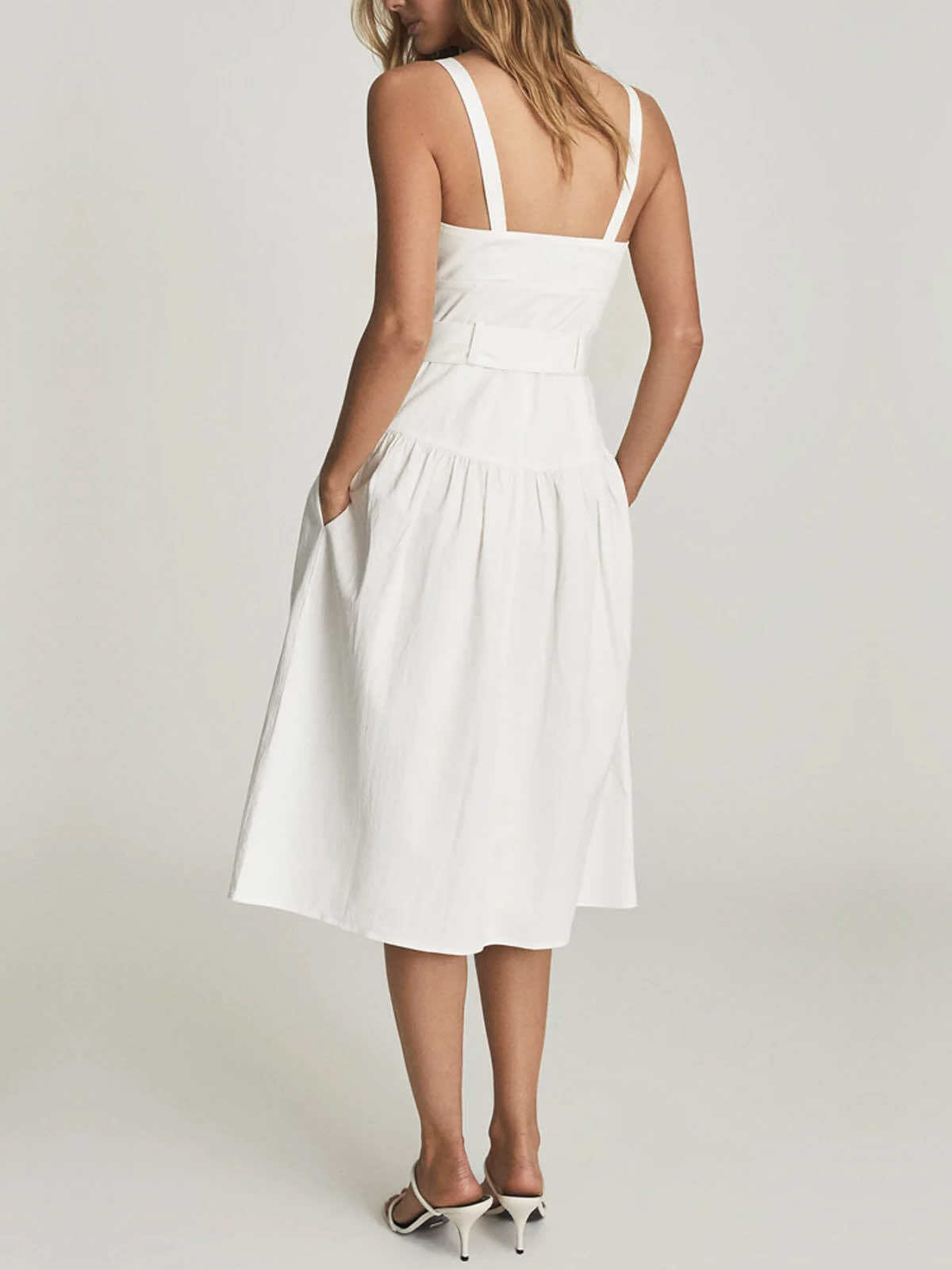 Button Midi Summer White Dress - UK6, EU34, US2