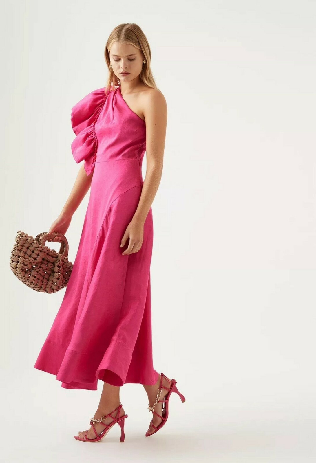 / Bonjour Aysmmetric Midi Dress / Fuchsia