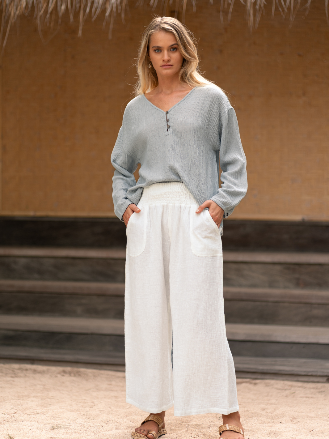 La Vie Linen Blend Blouse Slate Blue