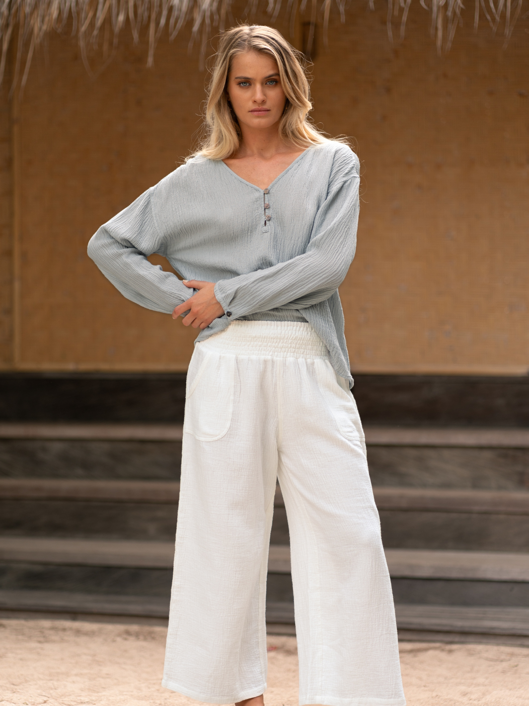 La Vie Linen Blend Blouse Slate Blue