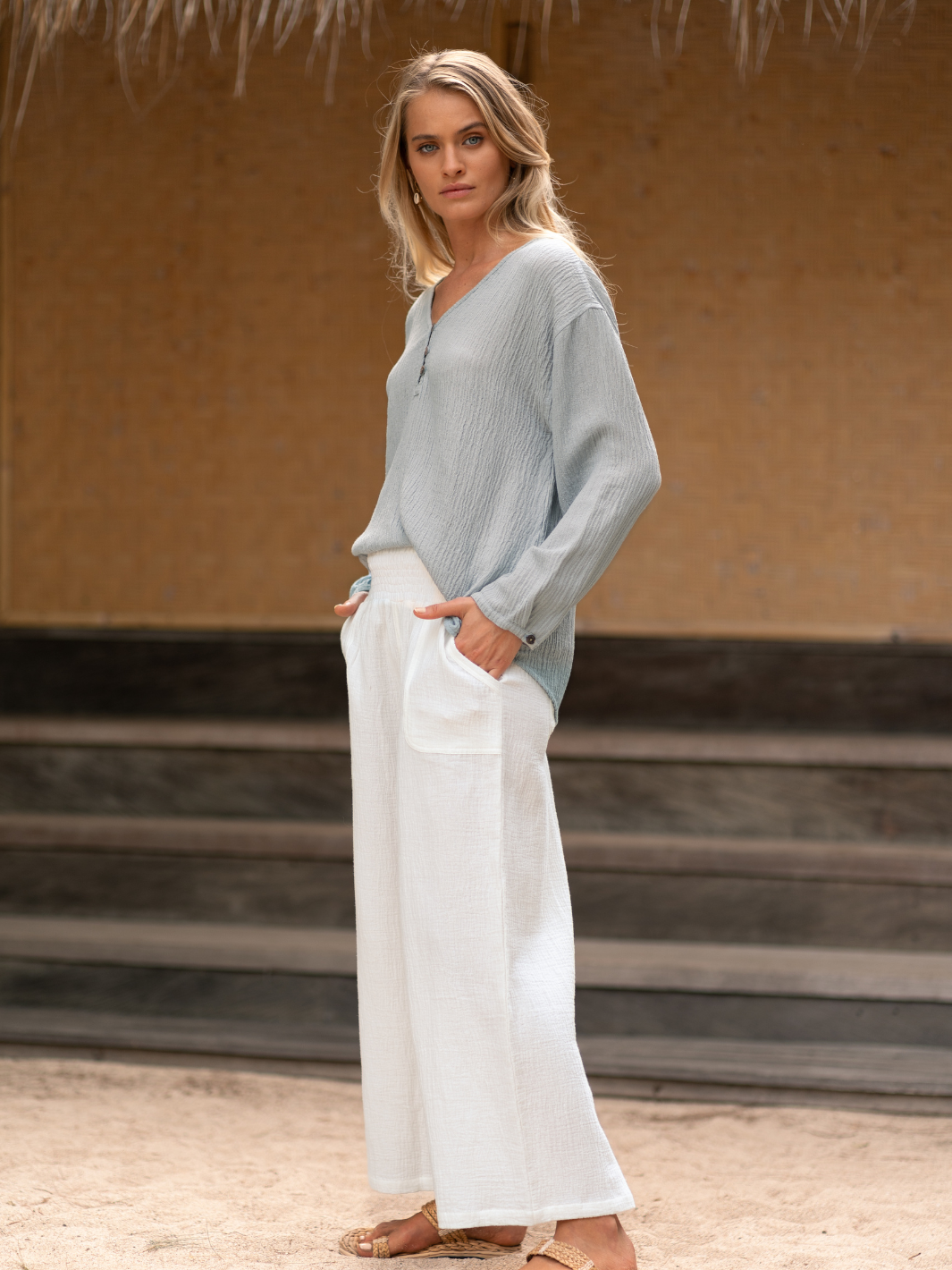 La Vie Linen Blend Blouse Slate Blue