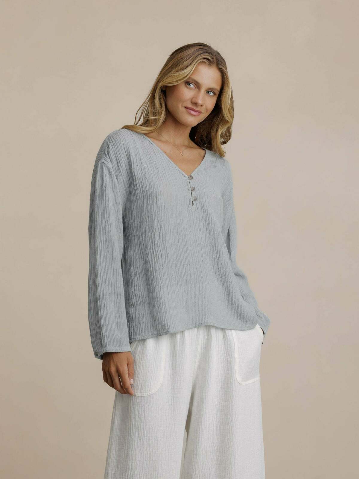 La Vie Linen Blend Blouse Slate Blue