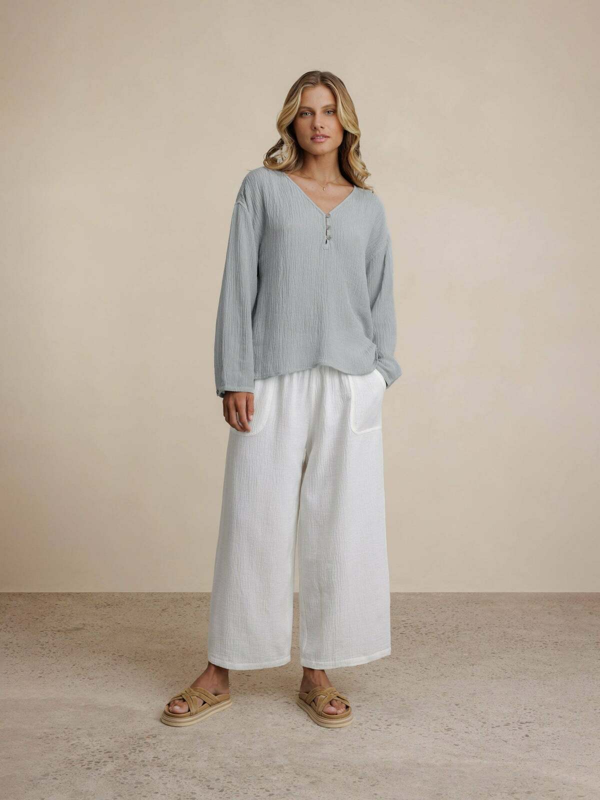 La Vie Linen Blend Blouse Slate Blue