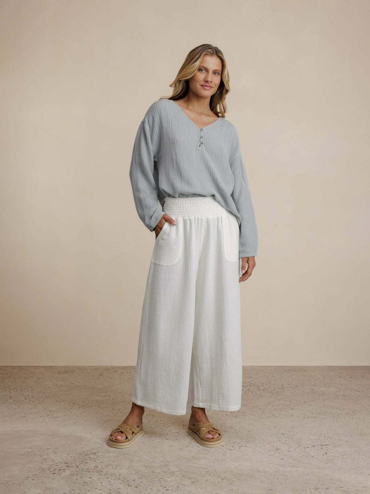 La Vie Linen Blend Blouse Slate Blue