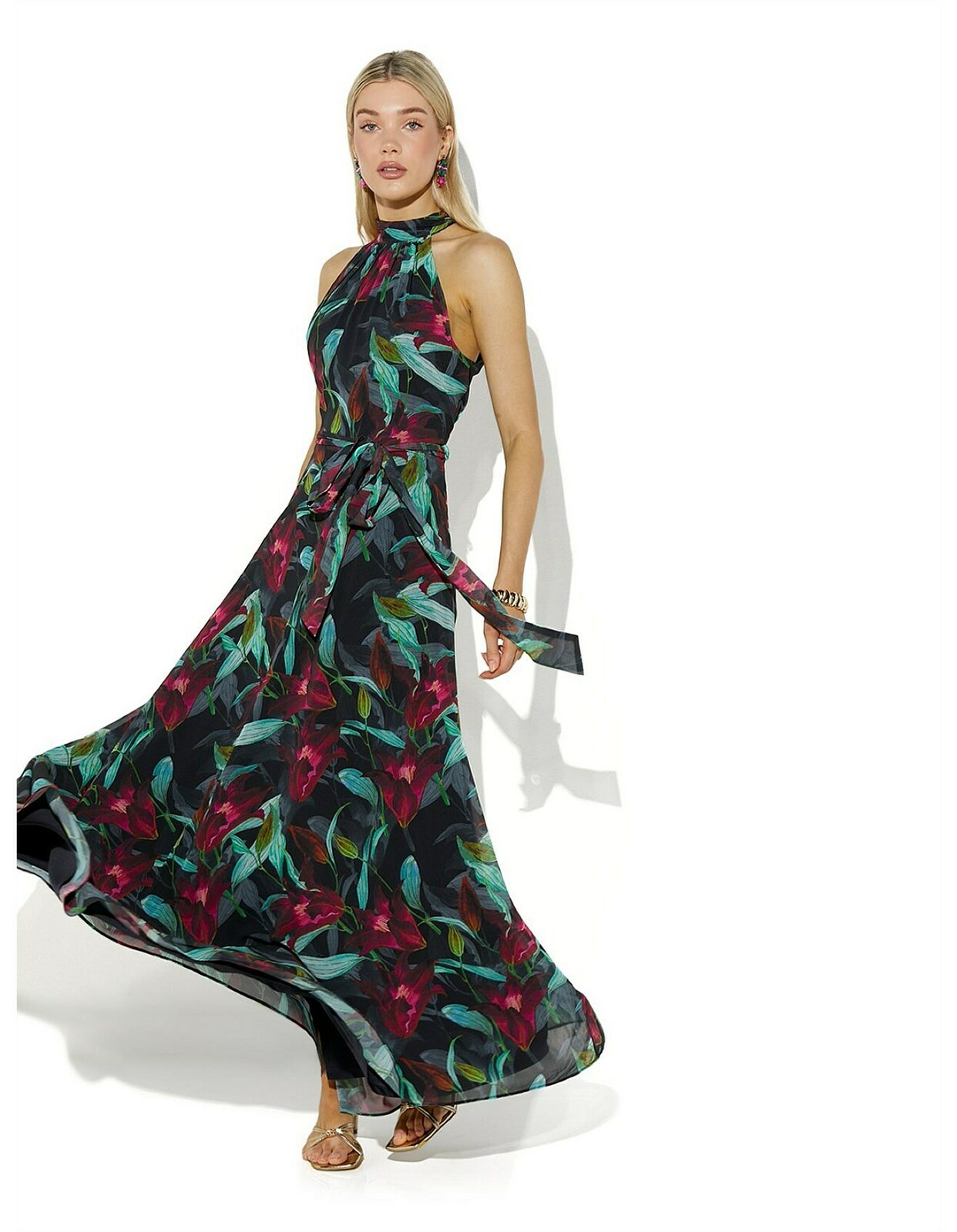 Fifi Tropical Print Halter Gown  Size 16