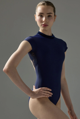 BODILE Tatiana Cap Sleeve Leotard Prussian Blue Lace S/M - AirRobe