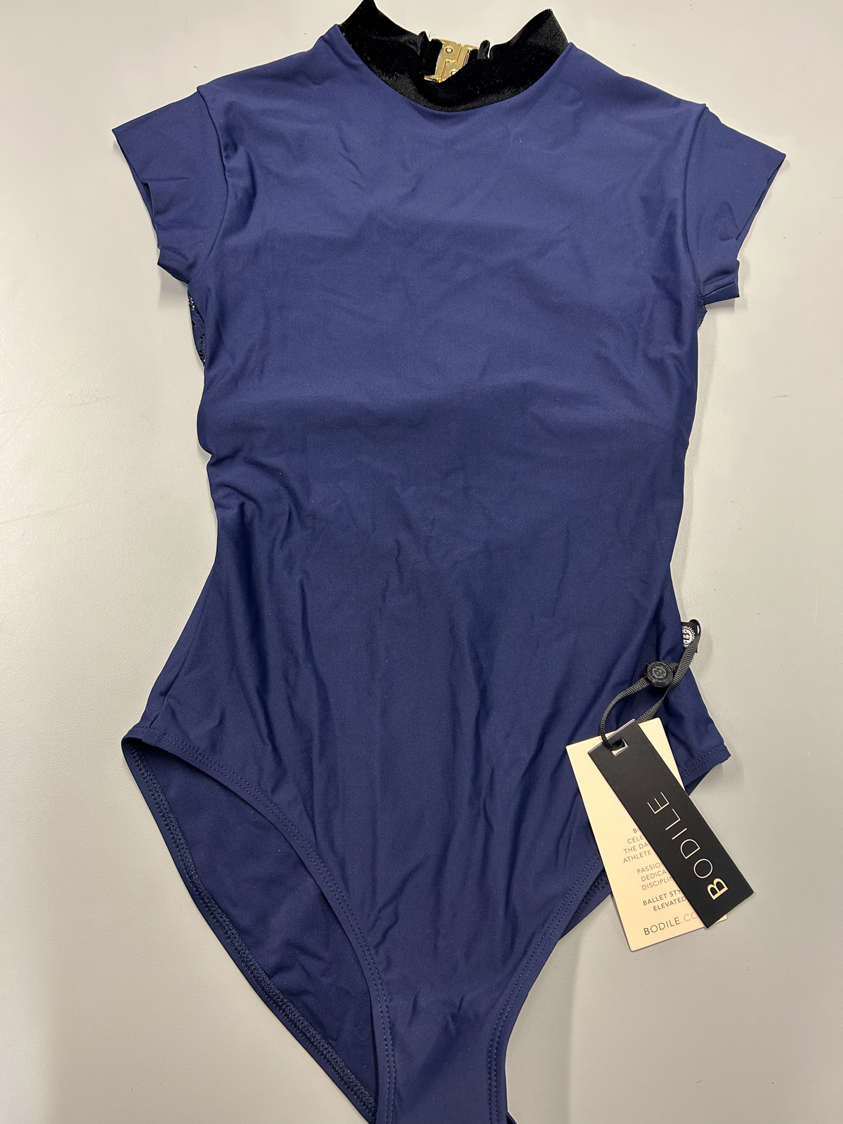 BODILE Tatiana Cap Sleeve Leotard Prussian Blue Lace S/M - AirRobe