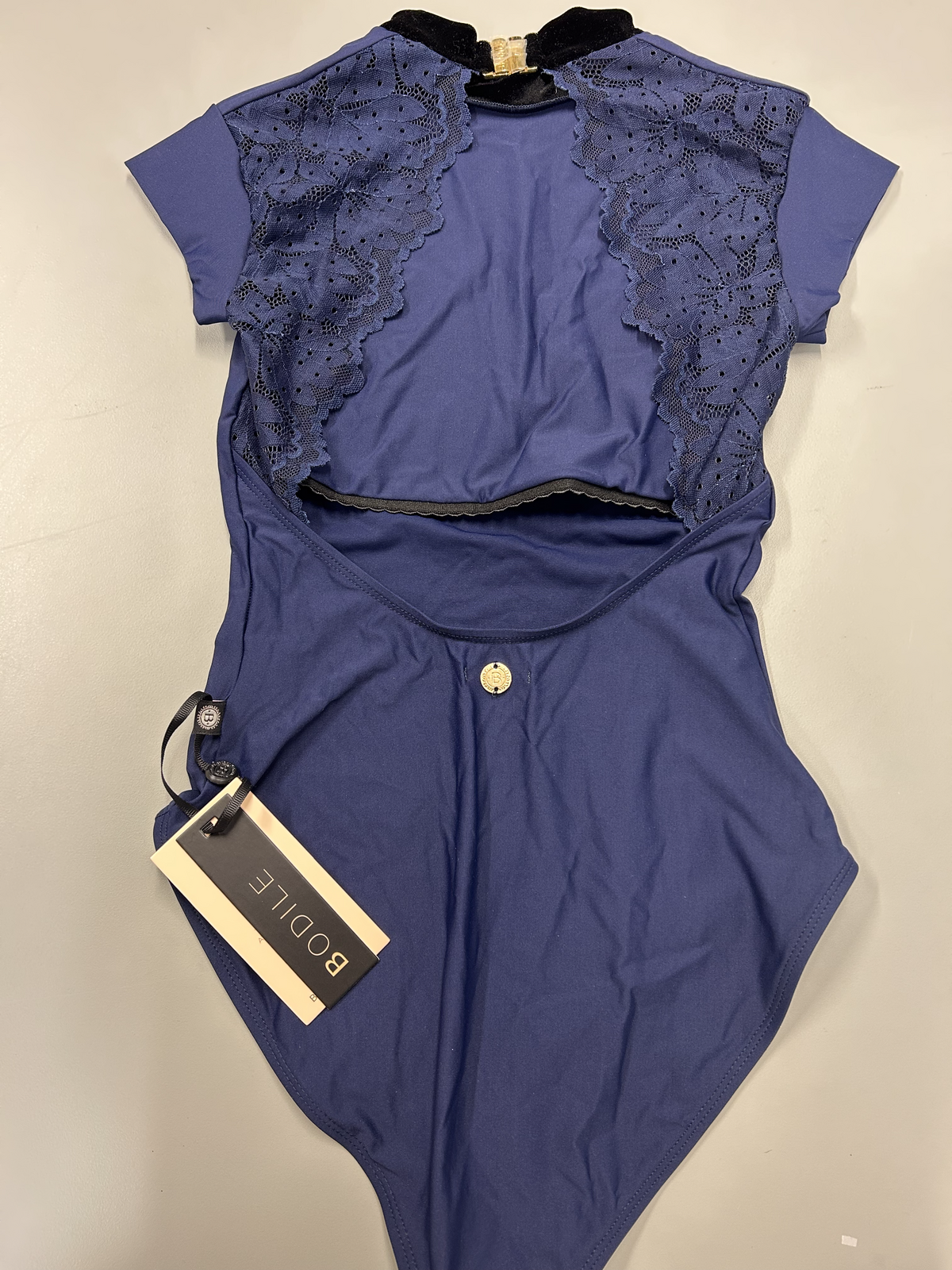 BODILE Tatiana Cap Sleeve Leotard Prussian Blue Lace S/M - AirRobe