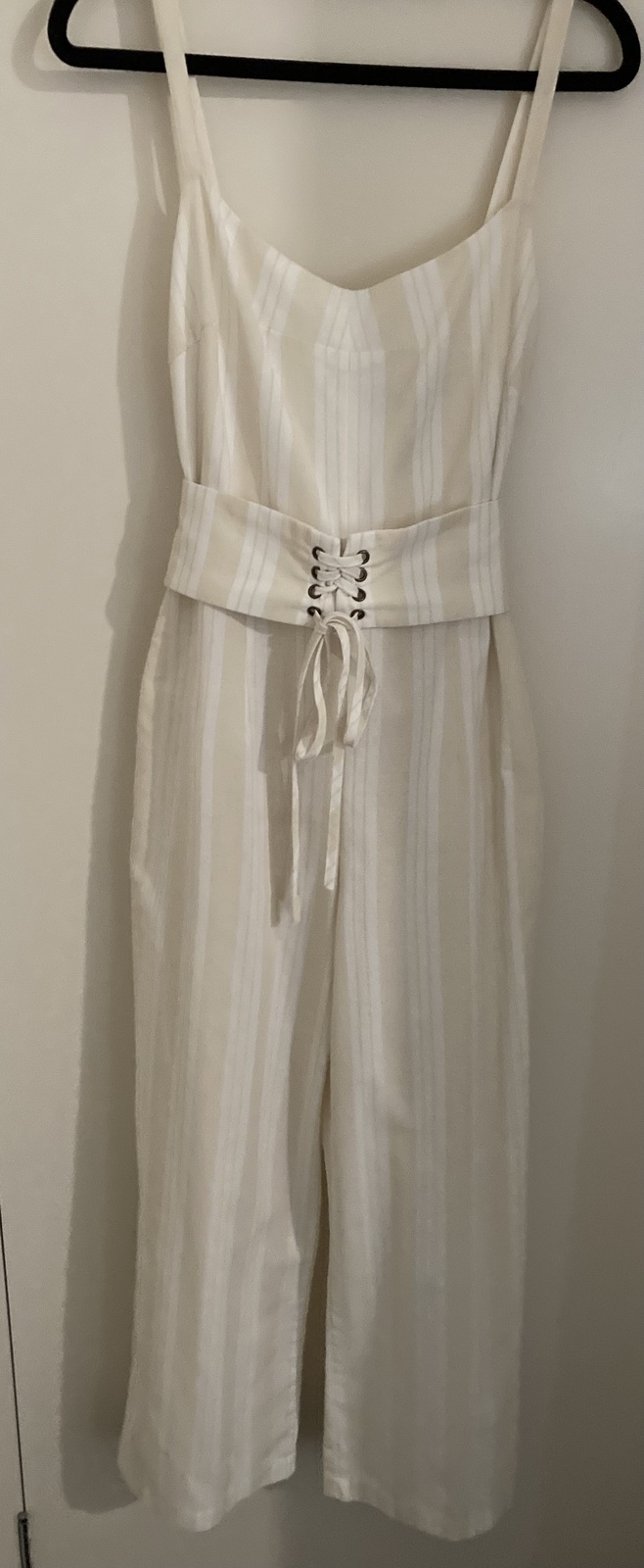 STRIPE JUMPSUIT WITH MOCK CORSET DETAIL, SIZE 8