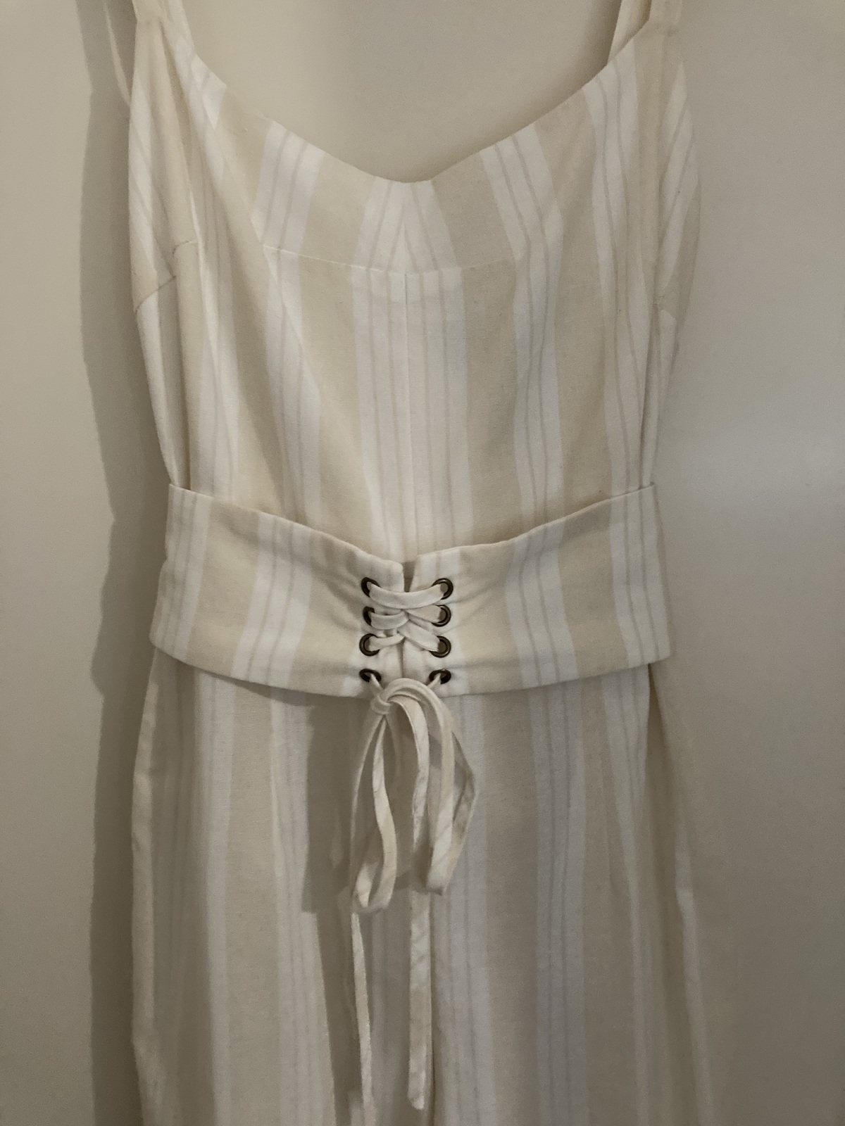 STRIPE JUMPSUIT WITH MOCK CORSET DETAIL, SIZE 8