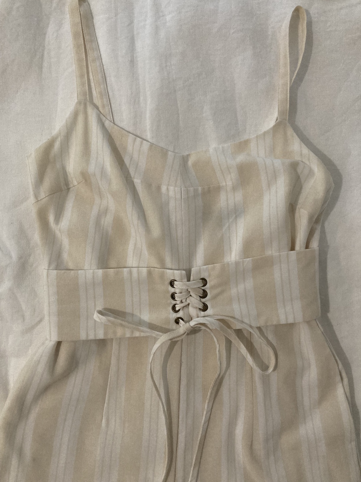 STRIPE JUMPSUIT WITH MOCK CORSET DETAIL, SIZE 8