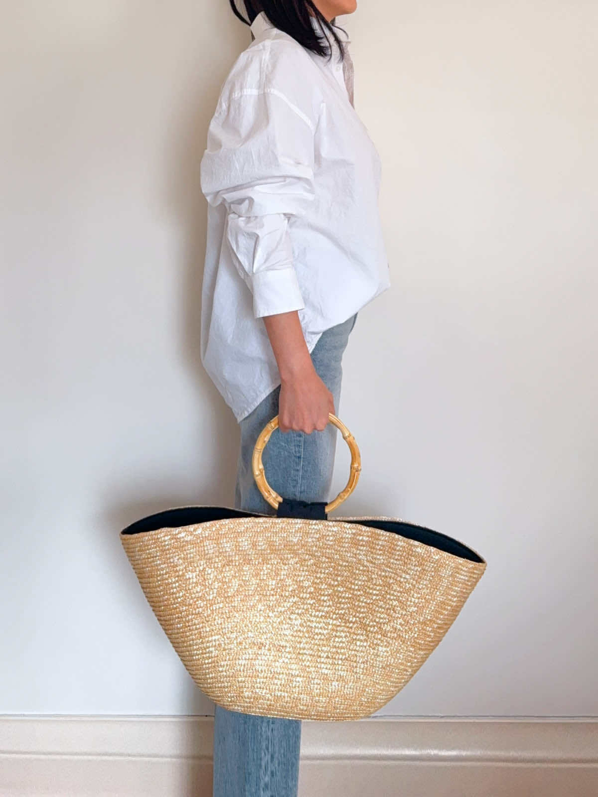 Raffia Large Tote Summer Bag with Bamboo Handles