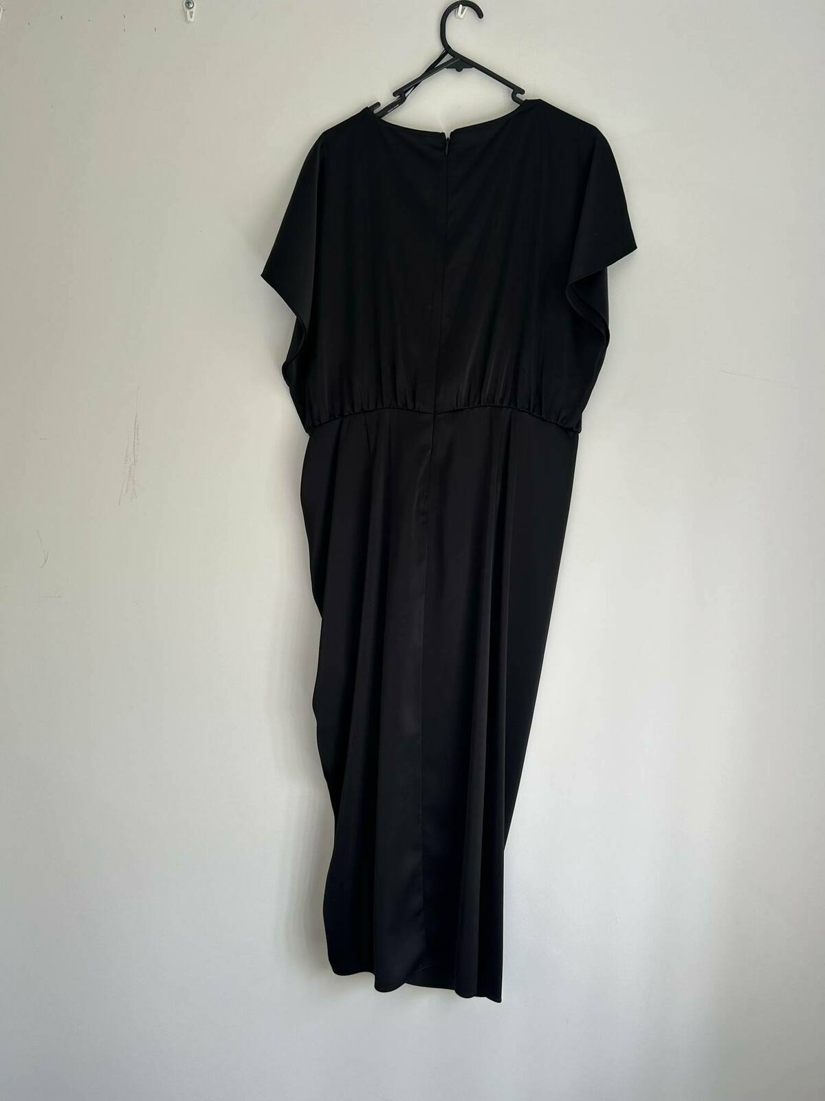 black ruched satin midi dress
