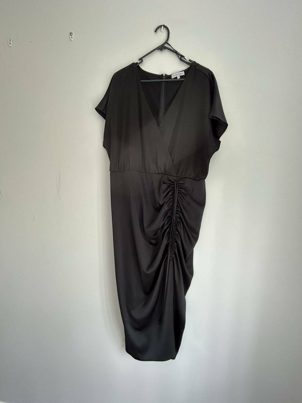 black ruched satin midi dress
