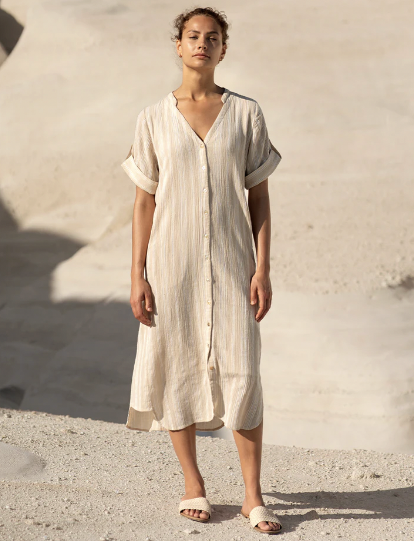 Athena Cotton Dress Sand Stripe