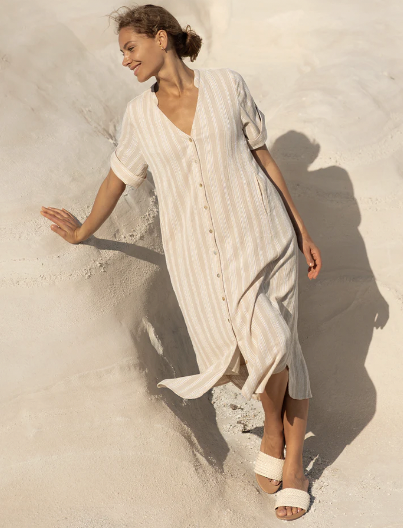 Athena Cotton Dress Sand Stripe