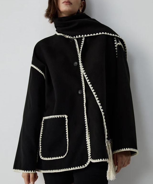 Black & White Contrast Trim Jacket With Matching Scarf