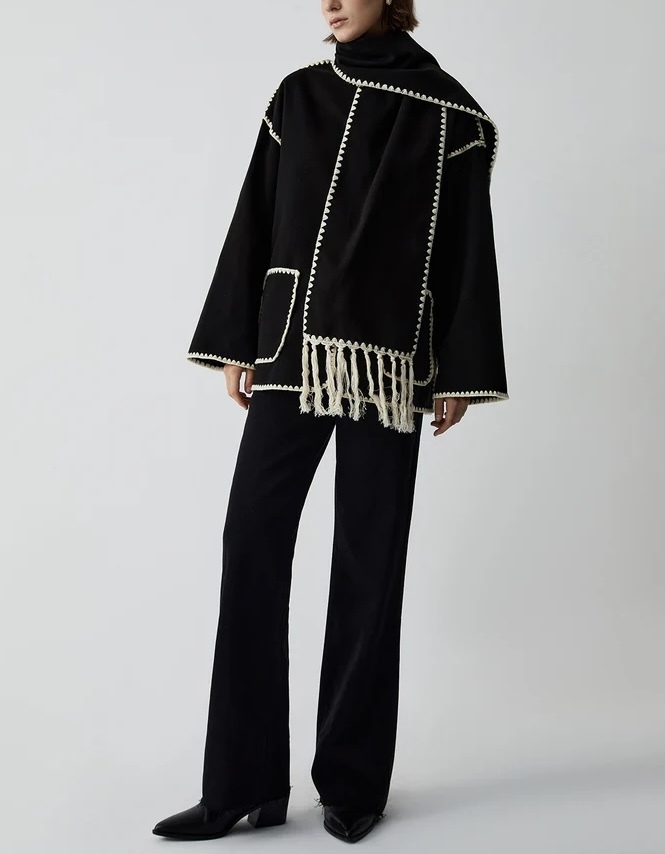 Black & White Contrast Trim Jacket With Matching Scarf